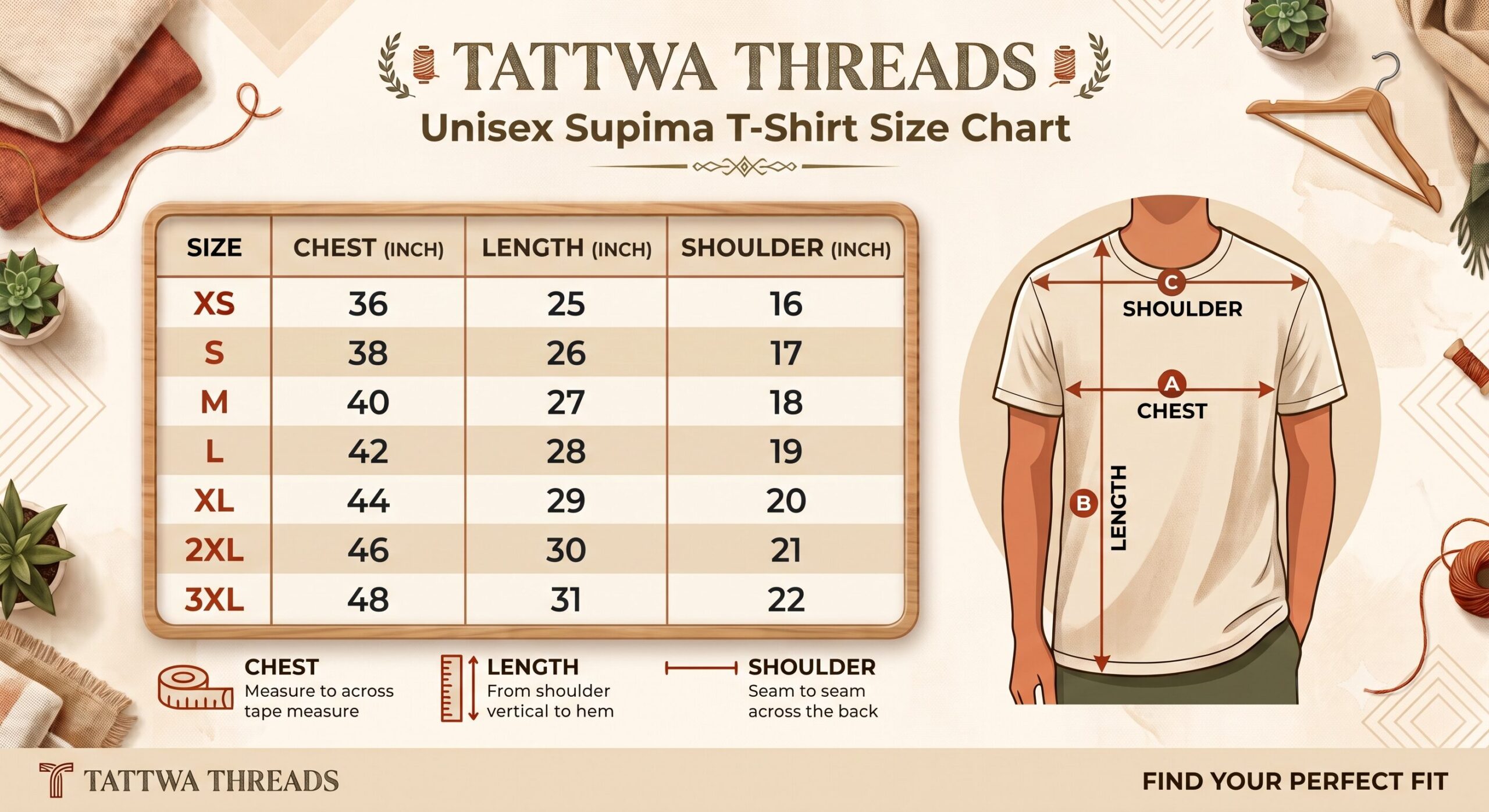 Supima Premium Fit Size Chart